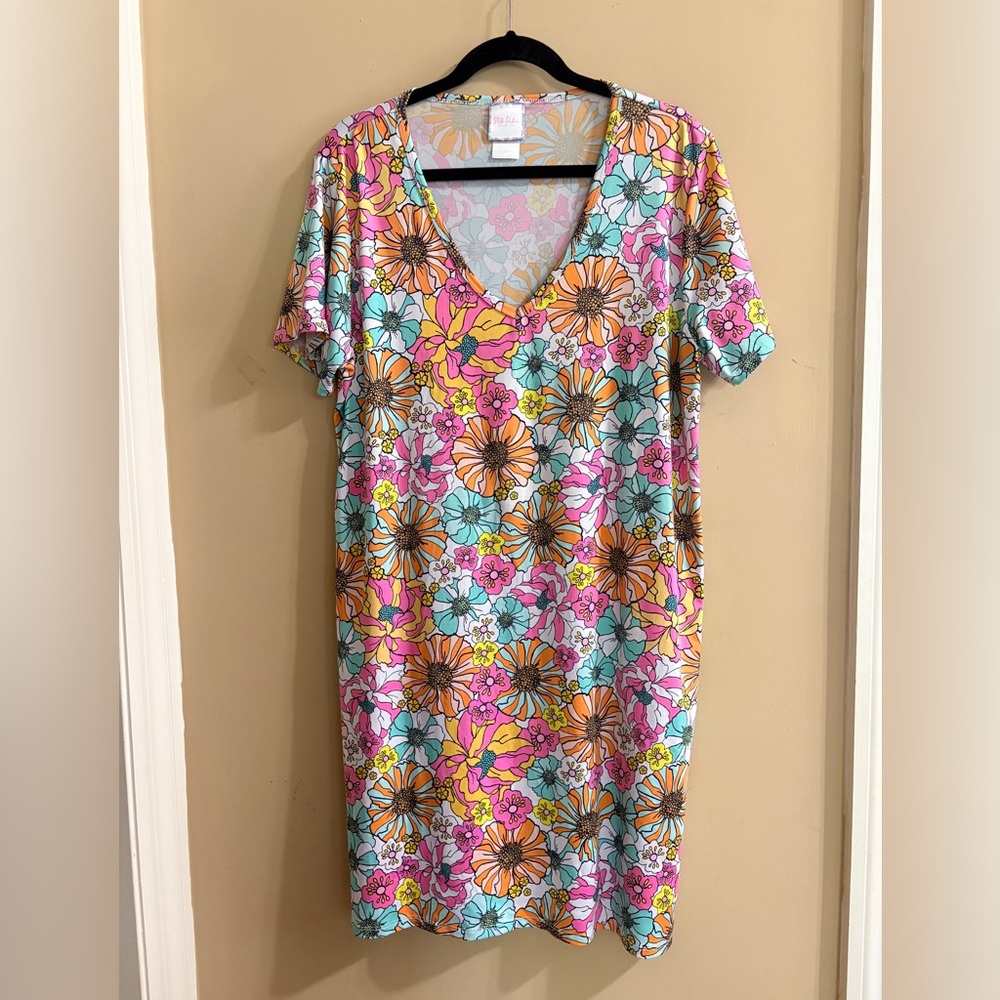 Floral V-Neck Shift Dress in Pink, Yellow & Teal XL